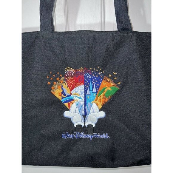 WALT DISNEY WORLD Black Embroidered Nylon Tote Bag-Zip Closure-Shoulder Straps - Picture 4 of 11